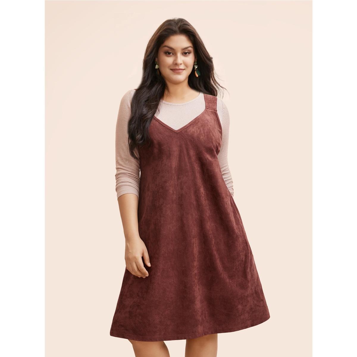 Plus Size Faux Suede Pocket Overall Dress Burgundy Women Casual Eyelet V-neck Sleeveless Curvy BloomChic 30/6X Product Image