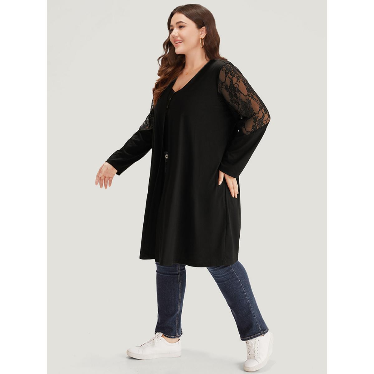 Plus Size Supersoft Essentials Solid Crochet Lace Mesh Drape Open Front Coat Women Black Casual Drape Ladies Dailywear Winter Coats BloomChic 12/L Product Image