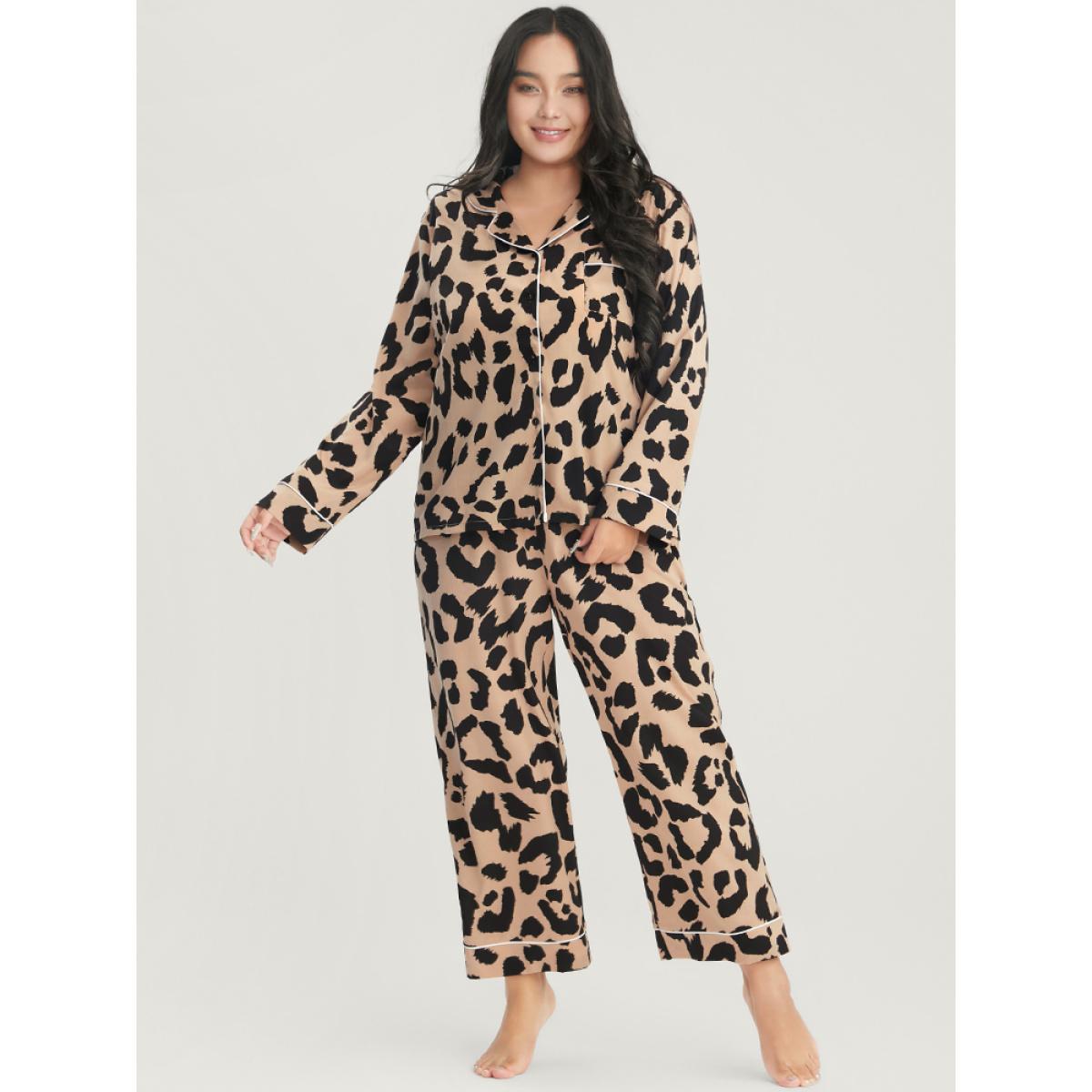 Plus Size Leopard Print Button Up Pocket Pajama Set Women Tan Leopard Patchwork Long Sleeve Shirt collar Casual Loungewear Sets BloomChic 28/5X Product Image