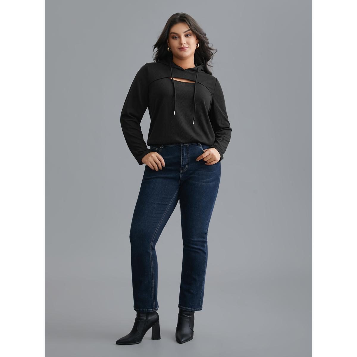 Plus Size Neck Cut-Out Elastic Textured Hoodie Women Black Elegant Texture Bodycon Hooded Everyday Sweatshirts BloomChic 22-24/3X Product Image