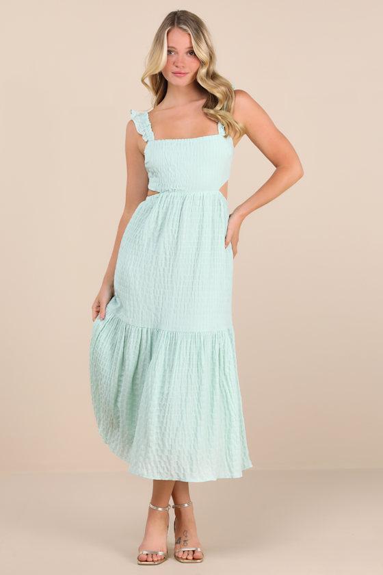 Dreamiest Darling Mint Smocked Tie-Back Tiered Midi Dress Product Image