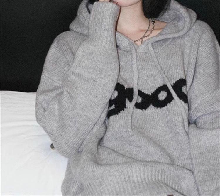 Lettering Drawstring Ribbed Hooded Sweater Product Image