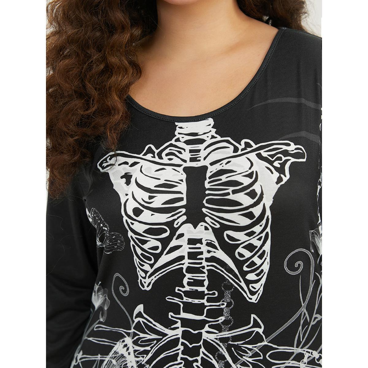 Plus Size Halloween Skull Print Mermaid Hem Dress Black Women Elegant Printed Round Neck Long Sleeve Curvy Long Dress BloomChic 26/4X Product Image