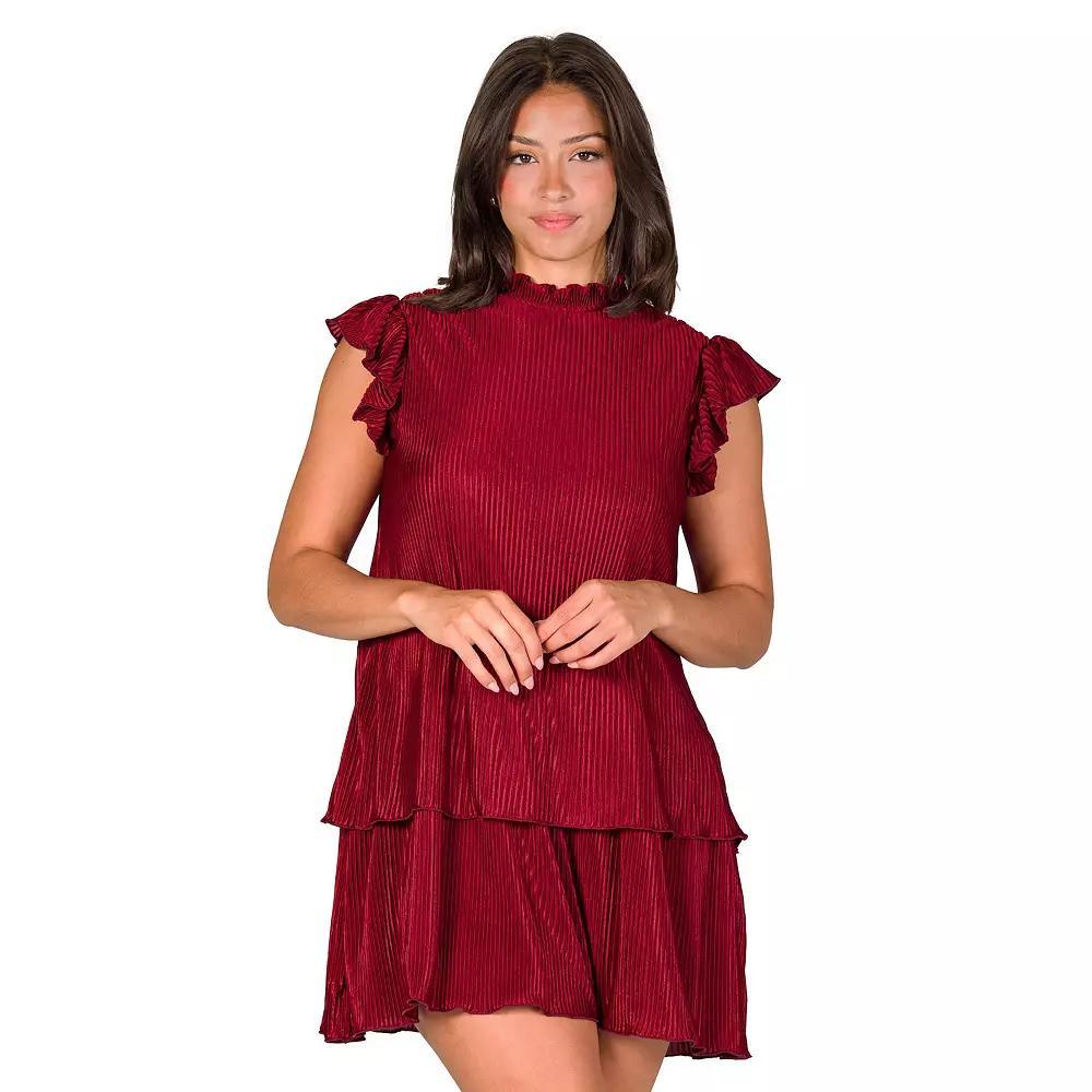 Women's 24Seven Comfort Apparel Ruffle Cap Sleeve High Neck Pleated Tiered Mini Dress, Size: XL Product Image