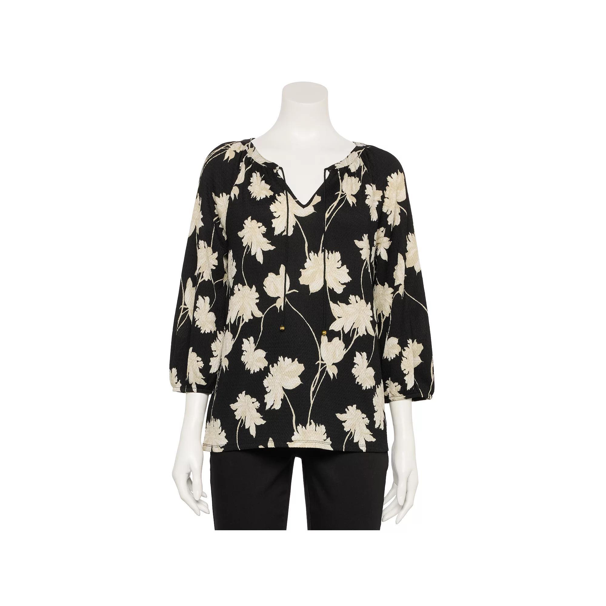 Petite Croft & Barrow® Three-Quarter Balloon Sleeve Peasant Top, Women's, Size: Medium Petite, Black Linework Floral Product Image