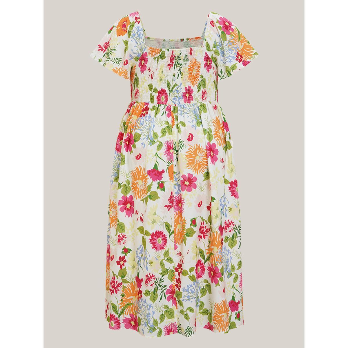 Plus Size Floral Shirred Square Neck Pocket Midi Dress Multicolor Women Elegant Non Square Neck Short sleeve Curvy Midi Dress BloomChic 28/5X Product Image