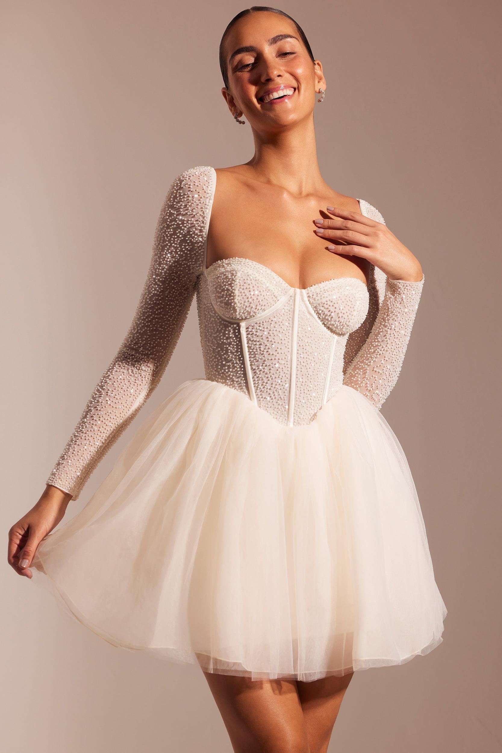 Embellished Long Sleeve Tulle Skirt Mini Dress in Ivory Product Image