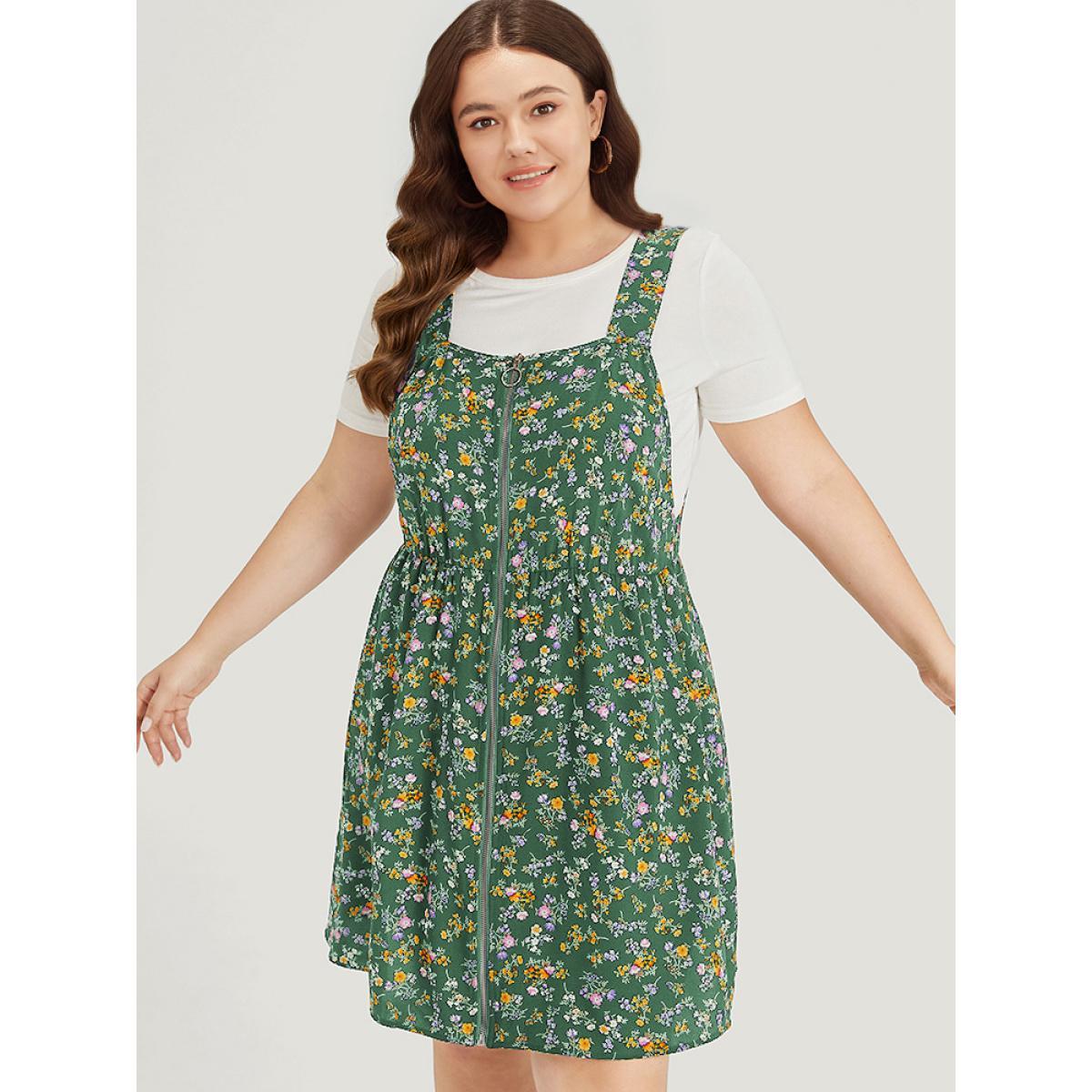 Plus Size Ditsy Floral Pocket Zipper Overall Cami Dress Green Women Casual Zipper Spaghetti Strap Sleeveless Curvy Knee Dress BloomChic 30/6X Product Image