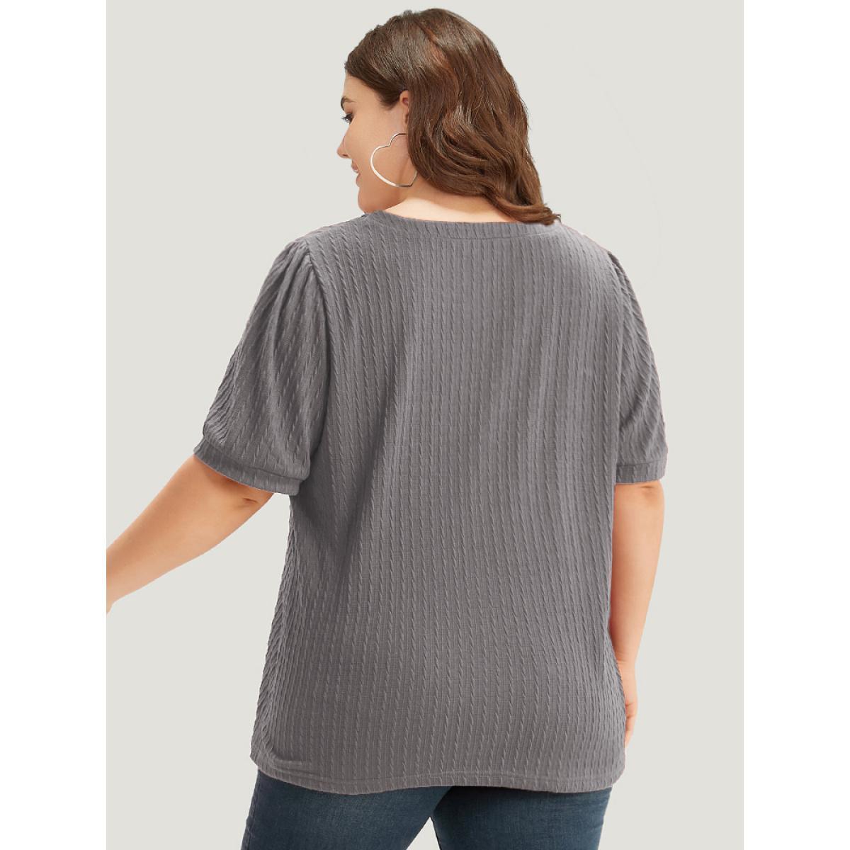 Plus Size Plain Texture V Neck Gathered Lantern Sleeve T-shirt Gray Women Casual Texture Plain V-neck Dailywear T-shirts BloomChic 30/6X Product Image