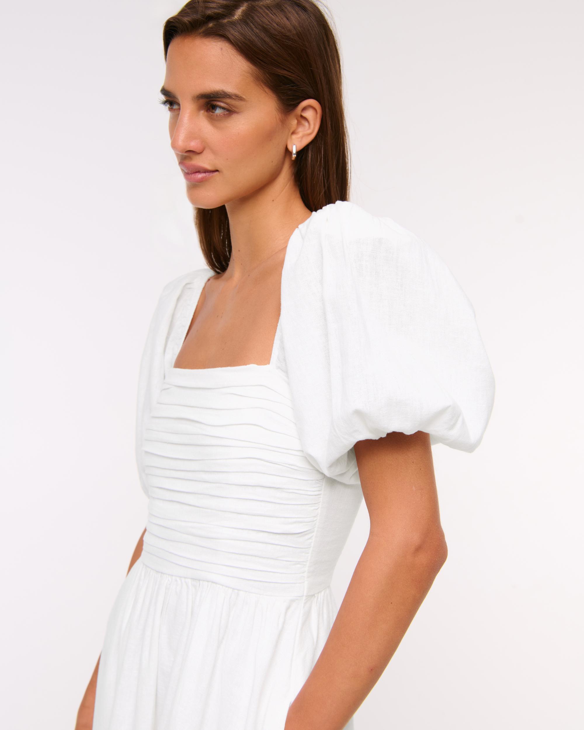The A&F Emerson Linen-Blend Puff Sleeve Midi Dress Product Image
