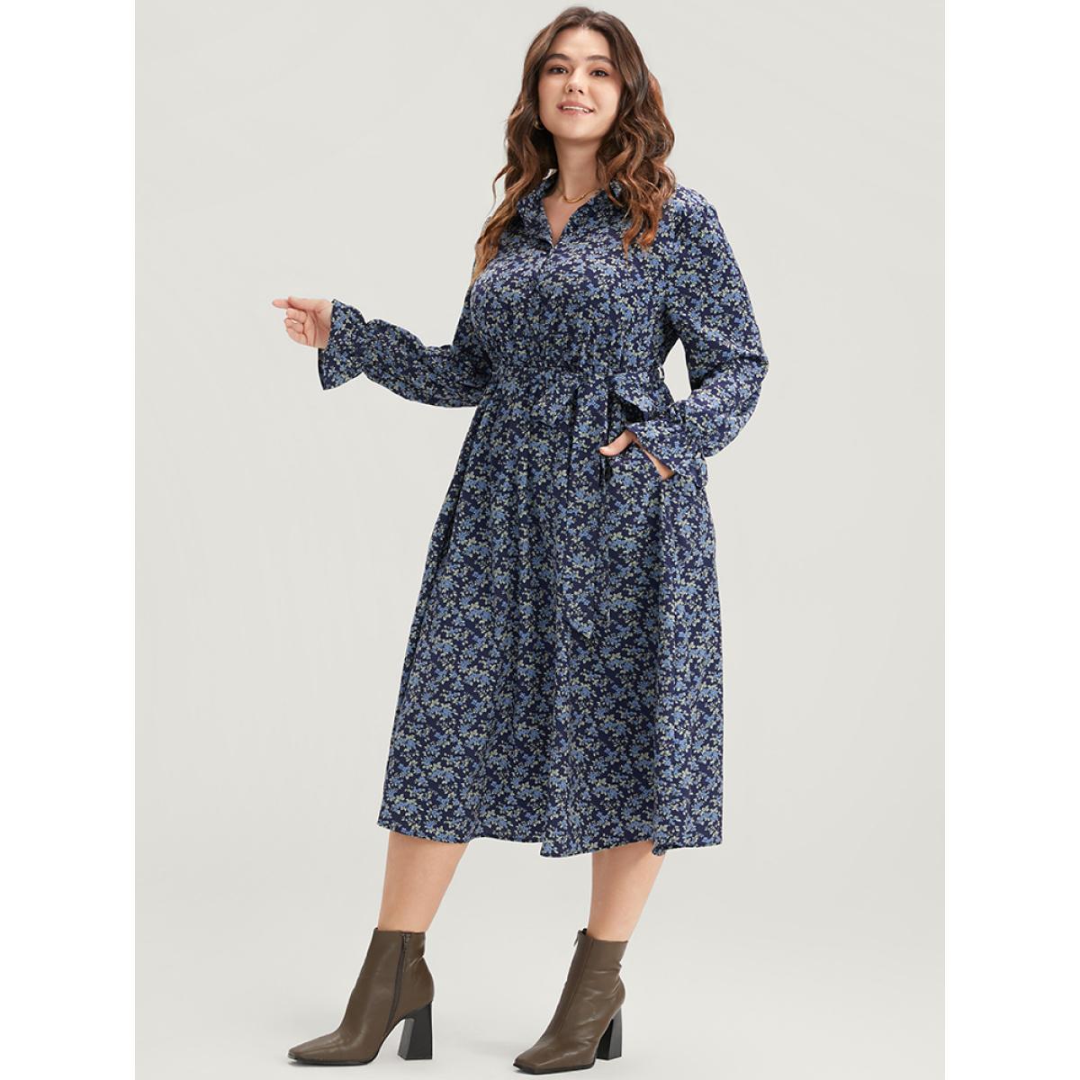 Plus Size Ditsy Floral Pocket Belted Shirt Collar Dress Indigo Women Elegant Elastic Waist Shirt collar Long Sleeve Curvy Midi Dress BloomChic 10/M Product Image