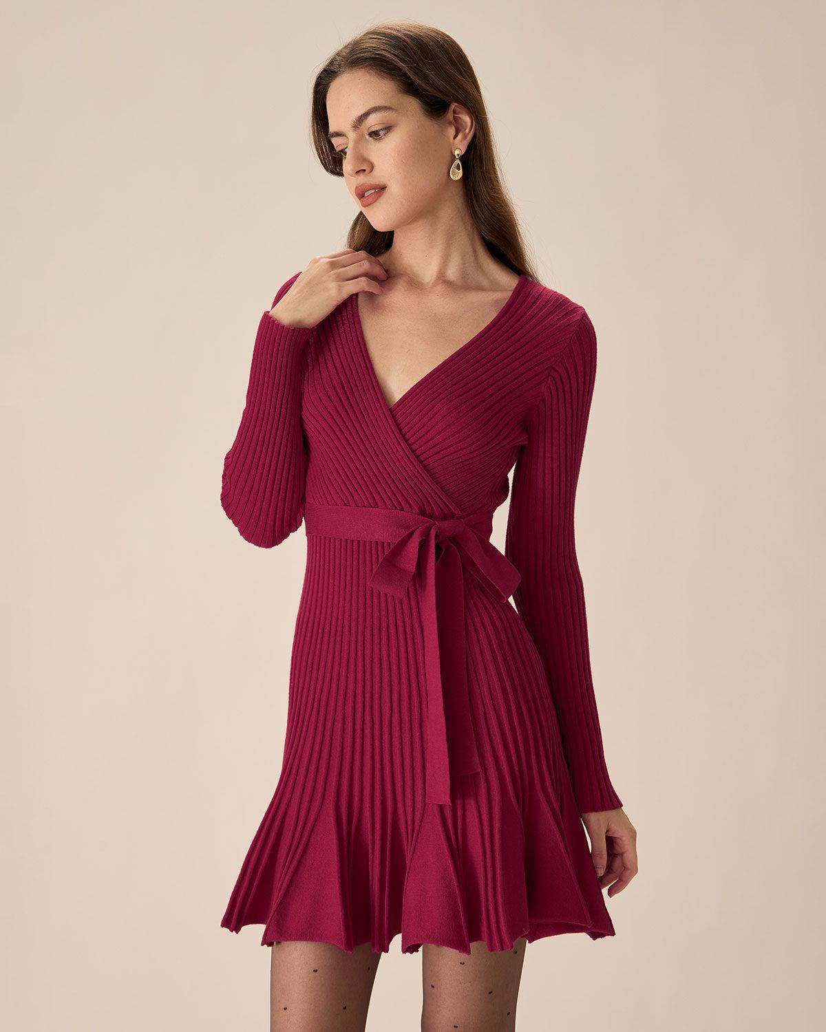 Wine Red Wrap Sweater Mini Dress Product Image