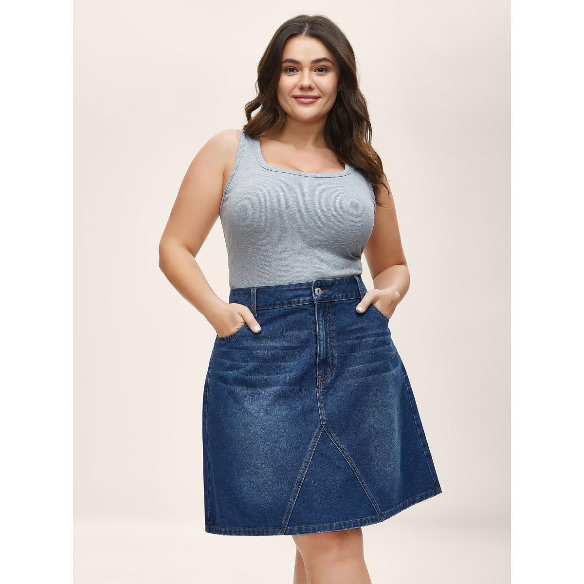 Plus Size A-Line Crisscross Lines Denim Skirt Women Midblue Everyday-Casual No stretch Medium Wash 26/4X Slanted pocket Basics Denim Skirts BloomChic Product Image
