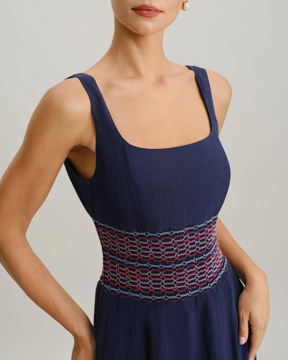 Blue Square Neck Shirred Slip Midi Dress Product Image