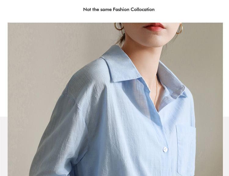 Long Sleeve Lapel Collar Plain Button Shirt Product Image