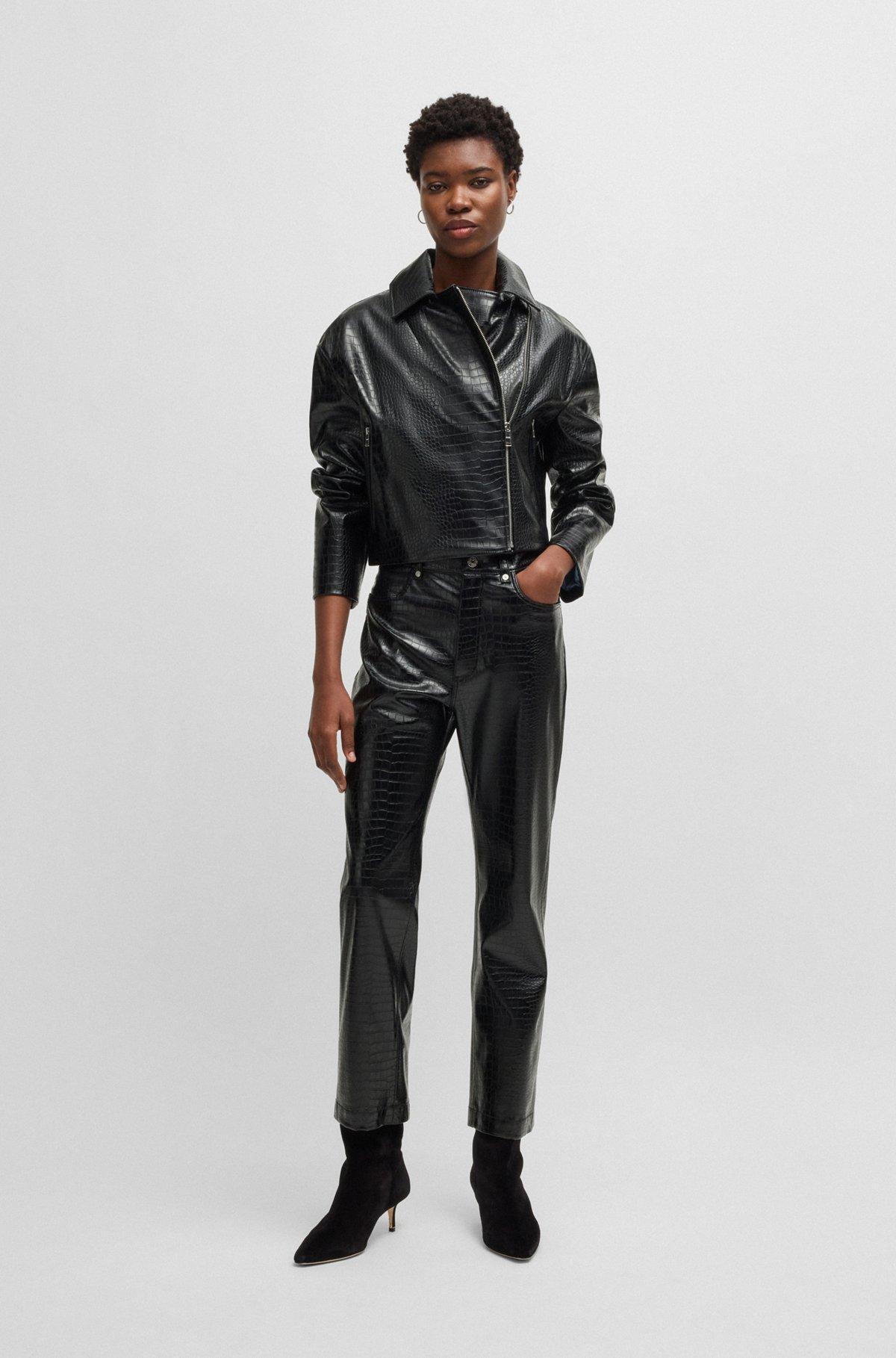 BOSS - Crocodile-embossed biker jacket in faux leather - Black Product Image