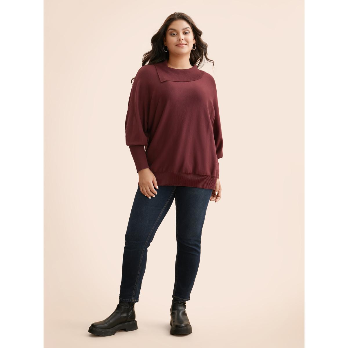 Plus Size Supersoft Essentials Asymmetrical Neck Dolman Sleeve Pullover Scarlet Women Casual Loose Long Sleeve Asymmetrical Neck Everyday Pullovers BloomChic 28/5X Product Image