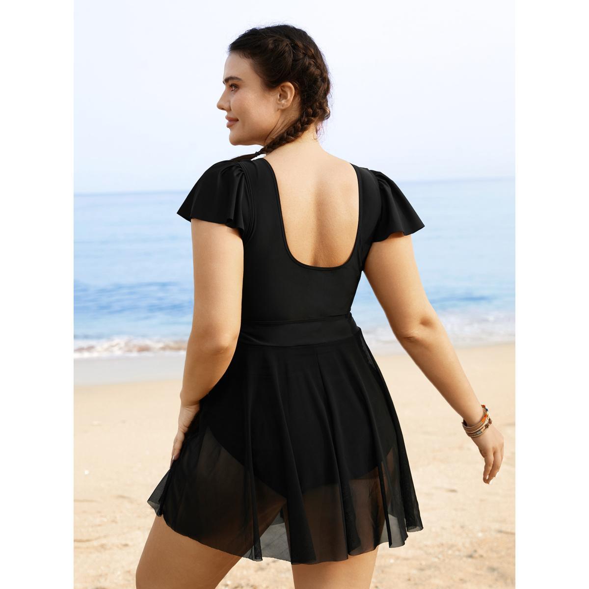 Plus Size Solid Ruffles Gathered See Through Swim Dress Women's Swimwear Black Beach Bodycon V-neck High stretch Curve Swim Dresses BloomChic 26/4X Product Image