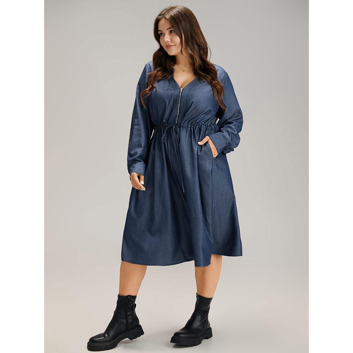 Plus Size Denim Half Zip Drawstring Elastic Waist Dress Indigo Women Casual Plain Notched collar Long Sleeve Curvy Midi Dress BloomChic 22-24/3X Product Image