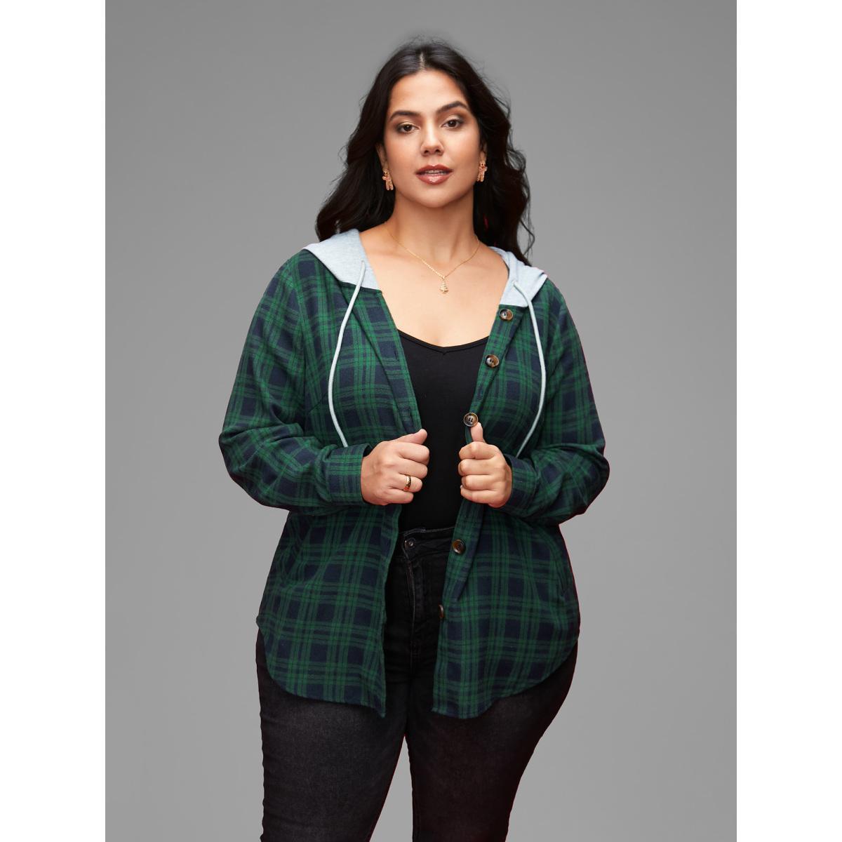 Plus Size Plaid Hooded Drawstring Jacket Women DarkGreen Contrast Slanted pocket Everyday Jackets BloomChic 22-24/3X Product Image