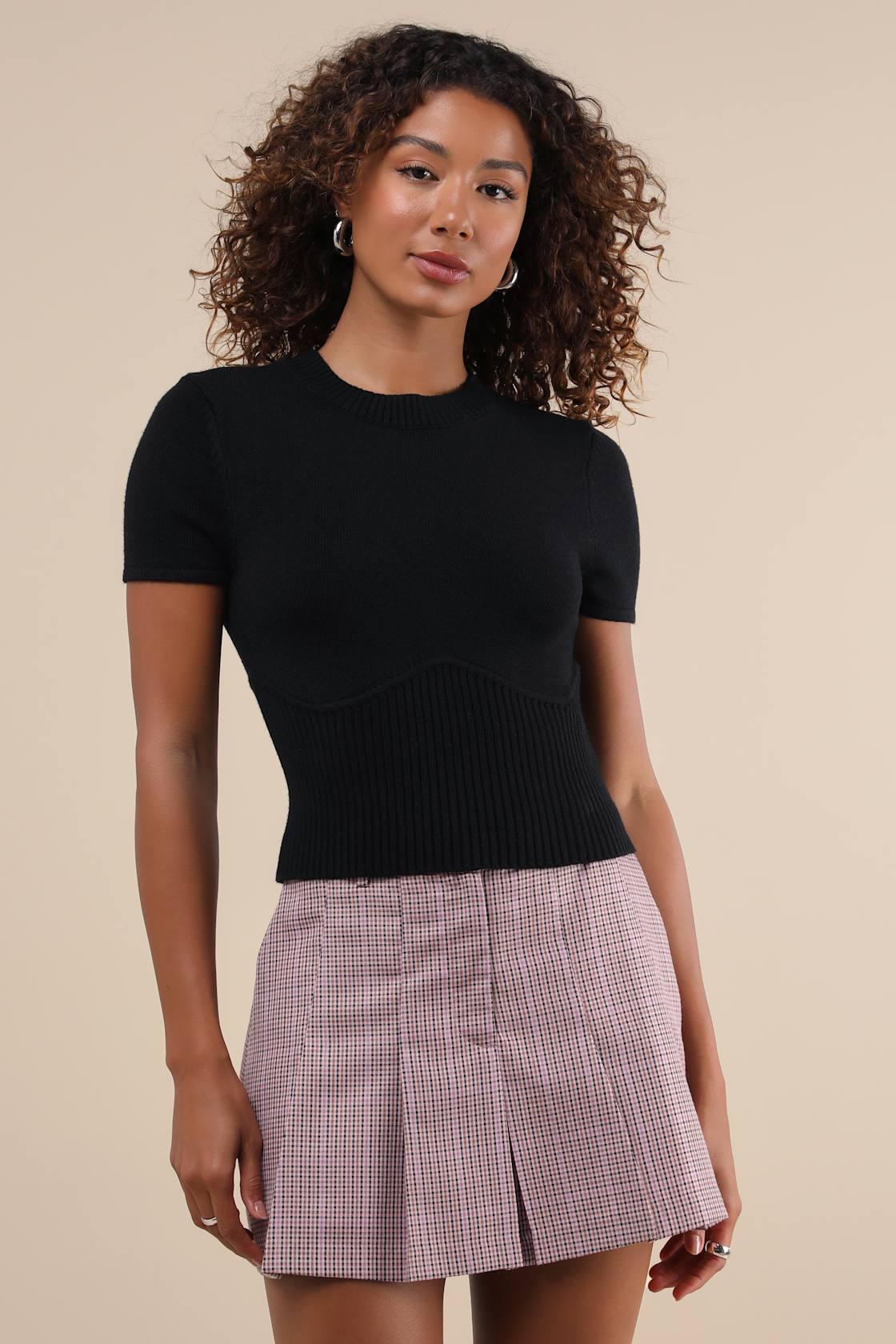 Everyone's a Winter Black Short Sleeve Seamed Sweater Top Product Image