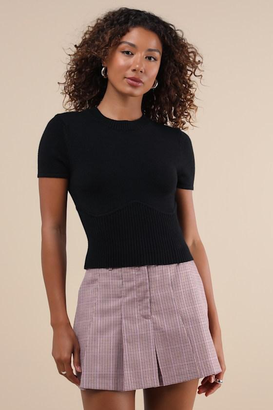 Everyone's a Winter Black Short Sleeve Seamed Sweater Top Product Image