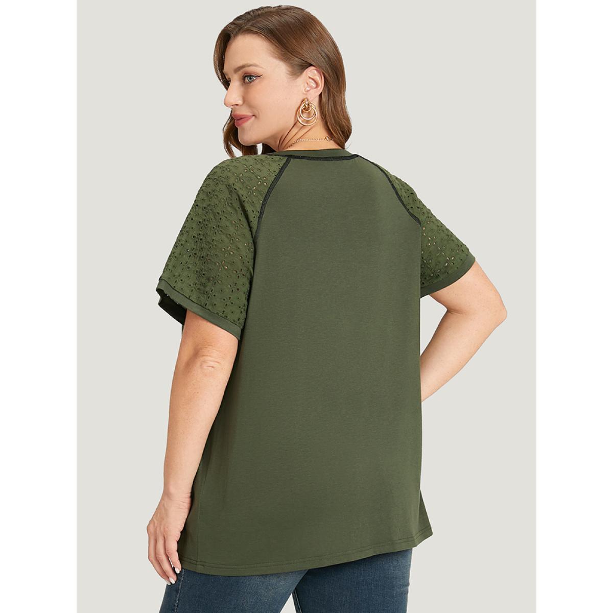 Plus Size Plain Patchwork Broderie Anglaise Raglan Sleeve T-shirt ArmyGreen Women Elegant Plain Plain Round Neck Dailywear T-shirts BloomChic 12/L Product Image