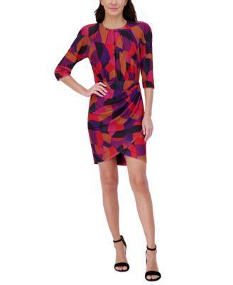 Vince Camuto Womens Printed Pleat-Neck Faux-Wrap Dress Product Image