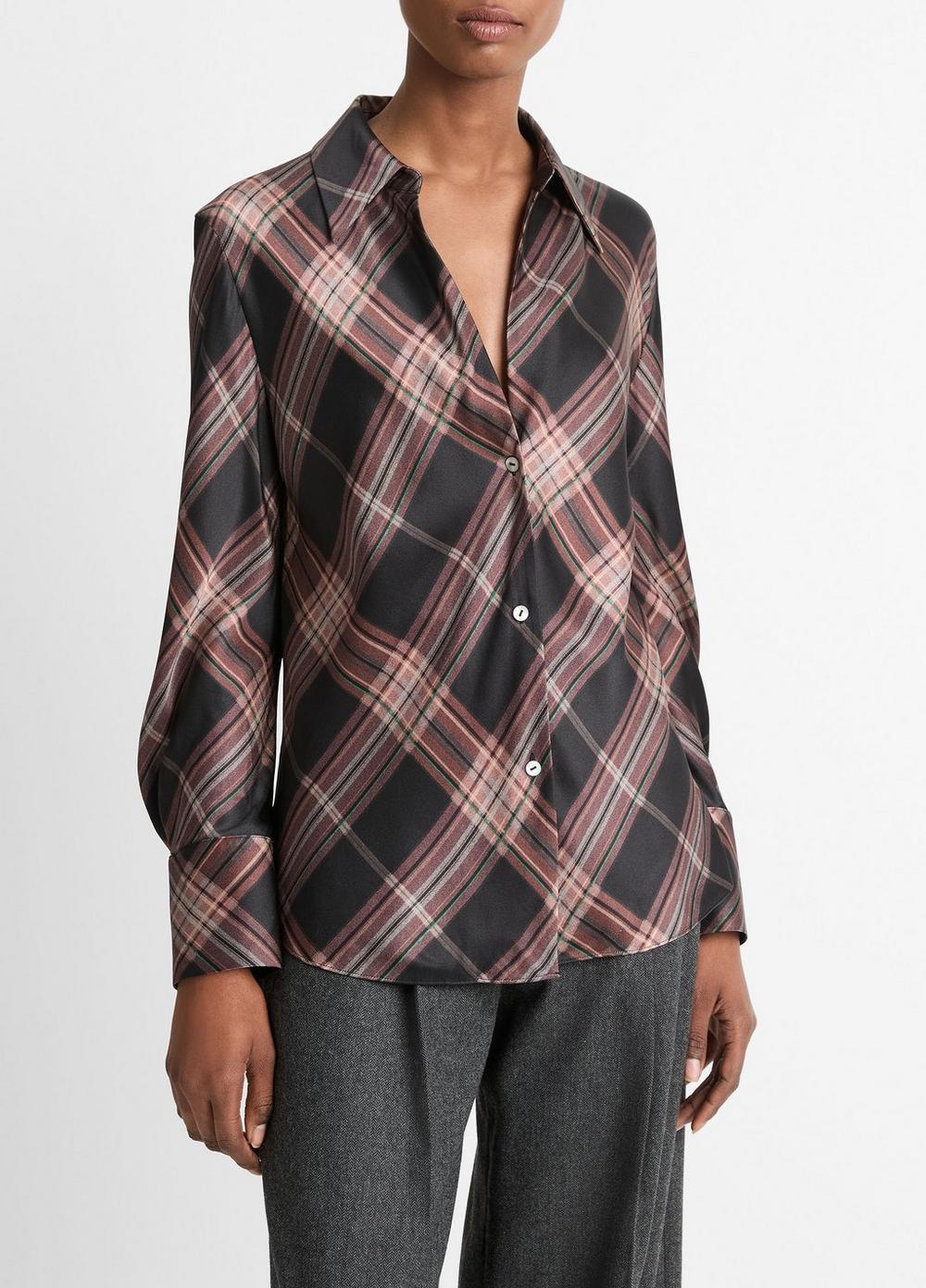 Womens Plaid Silk Bias Long-Sleeve Blouse, Vintage Petal, Size XXS Vince Product Image