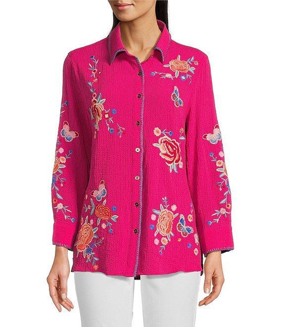 Calessa Floral Embroidered Point Collar Long Sleeve Button Front Tunic Product Image