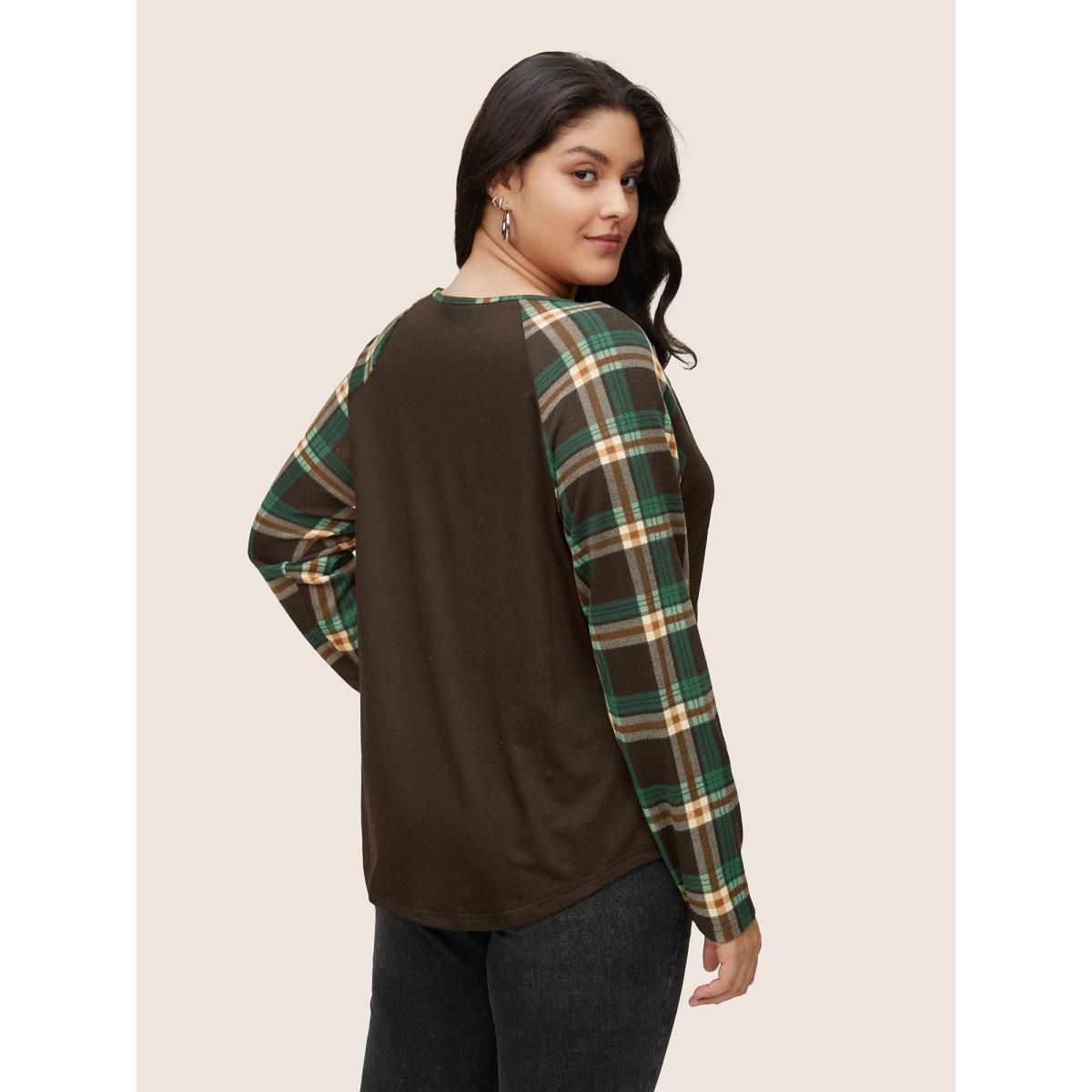 Plus Size Plaid Patchwork Raglan Sleeve Crisscross T-shirt DarkBrown Women Casual Patchwork Plaid V-neck Dailywear T-shirts BloomChic 10/M Product Image