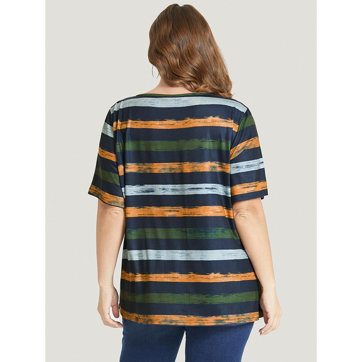 Plus Size Striped Contrast Crisscross Neck T-shirt Moss Women Casual Striped V-neck Dailywear T-shirts BloomChic 18-20/2X Product Image