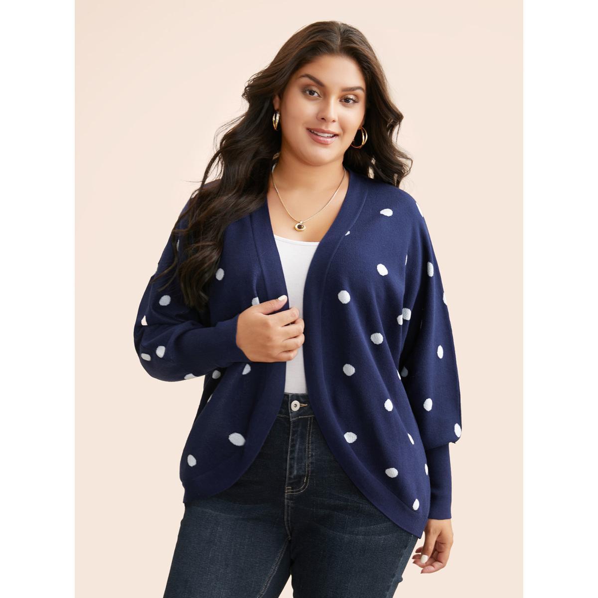 Plus Size Polka Dot Curved Hem Dolman Sleeve Cardigan Indigo Women Casual Loose Long Sleeve Everyday Cardigans BloomChic 30/6X Product Image
