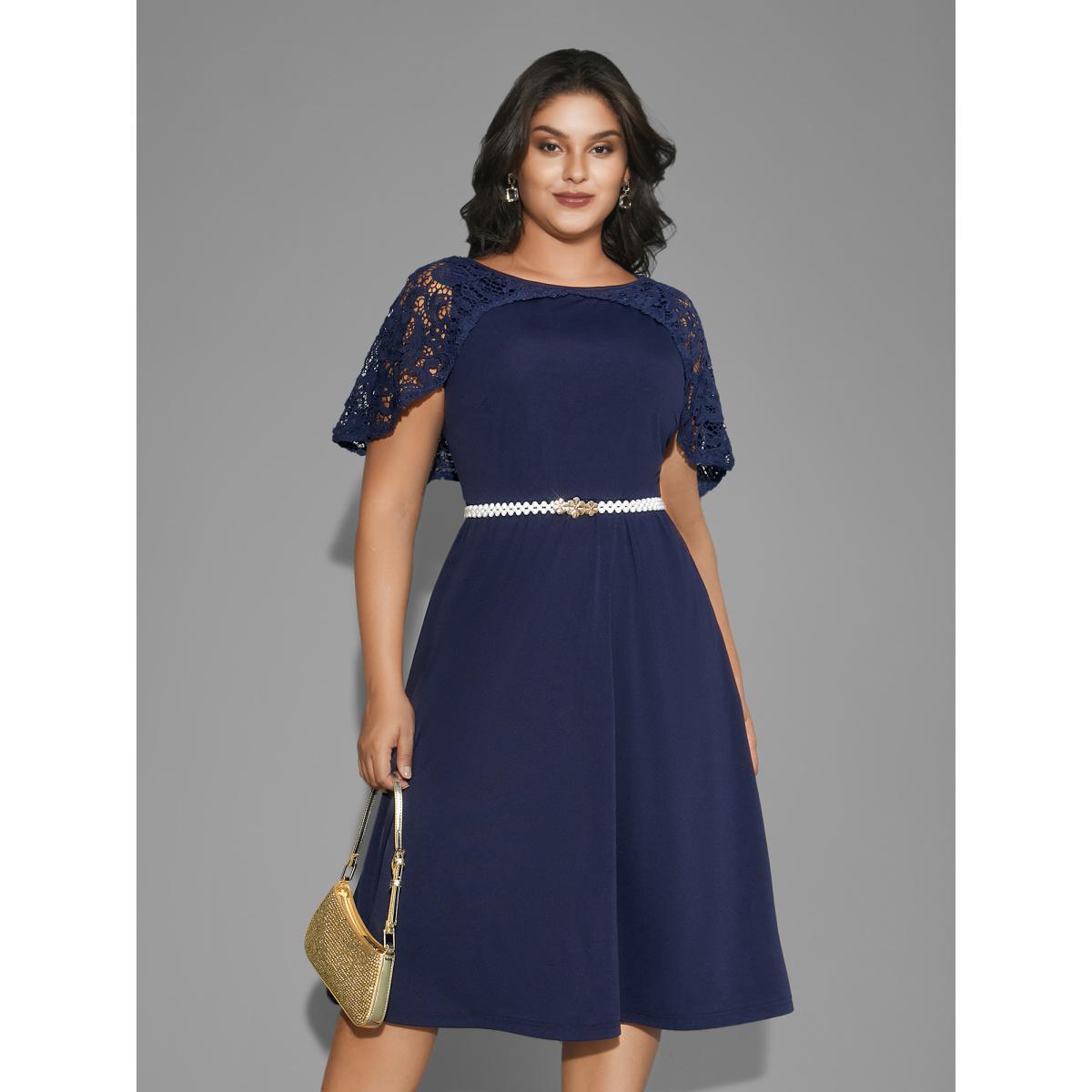 Plus Size Tiered Lace Panel Elastic Waist Dress Navy Women Cocktail Woven ribbon&lace trim Party Curvy Bloomchic 14-16/1X Product Image