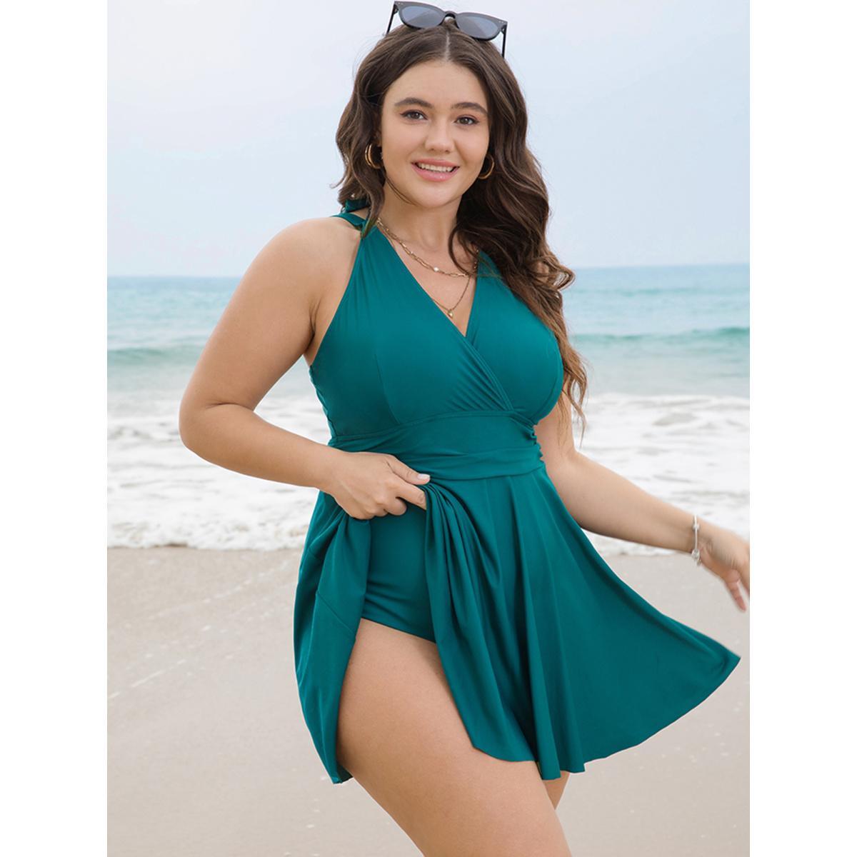 Plus Size Solid Ruffle Hem Empire Waist Halter Neck Swim Dress Women's Swimwear Cerulean Beach Bodycon Halter neck High stretch Curve Swim Dresses BloomChic 18-20/2X Product Image