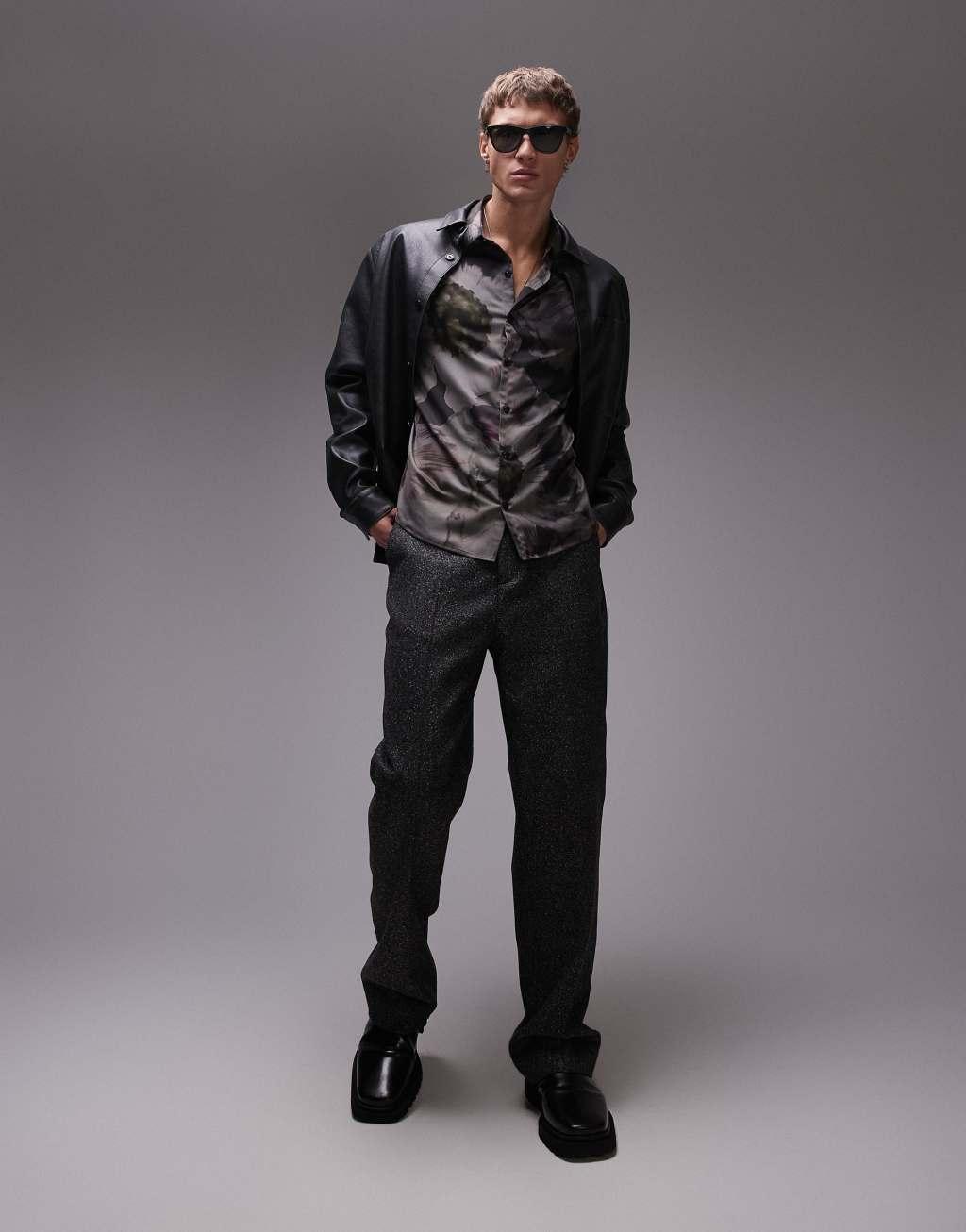 Topman long sleeve floral printed shirt in black Product Image