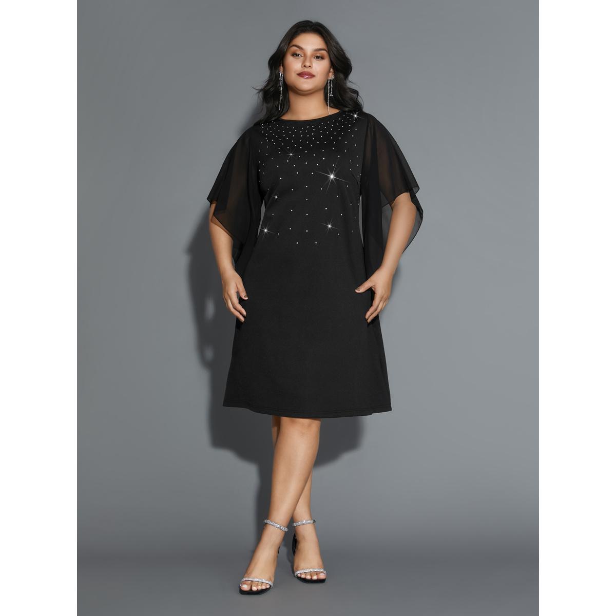 Plus Size Rhinestone Ruffle Sleeve Mesh Patchwork Dress Pureblack Women Cocktail Rhinestone detailing Party Curvy Bloomchic 26/4X Product Image