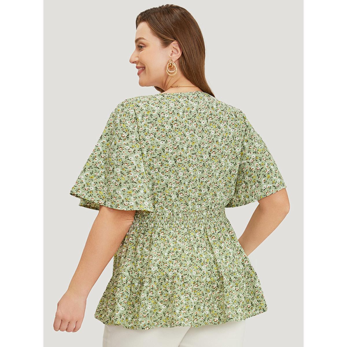 Plus Size Sage Ditsy Floral Knotted Crew Neck Shirred Ruffle Sleeve Blouse Women Elegant Short sleeve Round Neck Dailywear Blouses BloomChic 18-20/2X Product Image