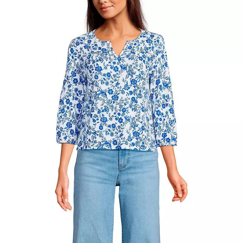 Women's Lands' End 3/4 Sleeve Slub Notch Neck Top, Size: Large, White Green Stripe Product Image