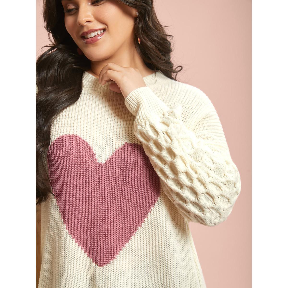 Plus Size Round Neck Heart Cable Knit Pullover Ivory Women Casual Loose Long Sleeve Round Neck Everyday Pullovers BloomChic 12/L Product Image