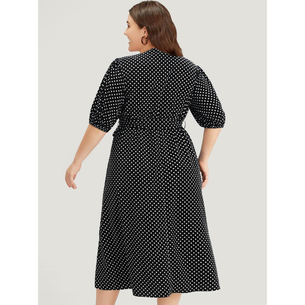 Plus Size Polka Dot Belted Lantern Sleeve Surplice Neck Dress Black Women Office Elastic cuffs V-neck Short sleeve Curvy Midi Dress BloomChic 28/5X Product Image