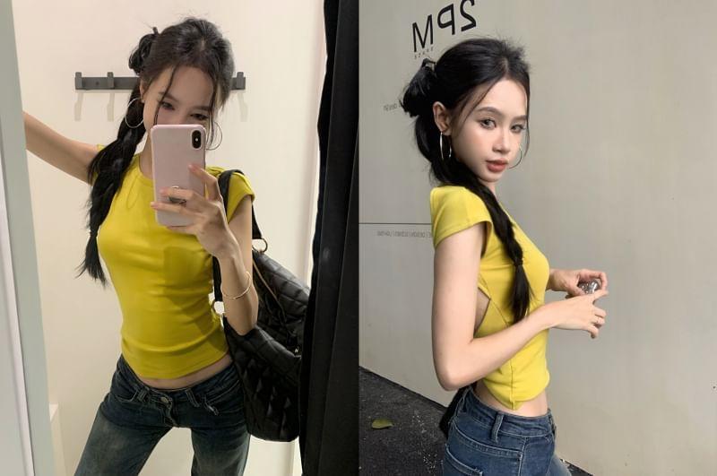 Short Sleeve Backless Plain Slim Fit Crop Top Product Image