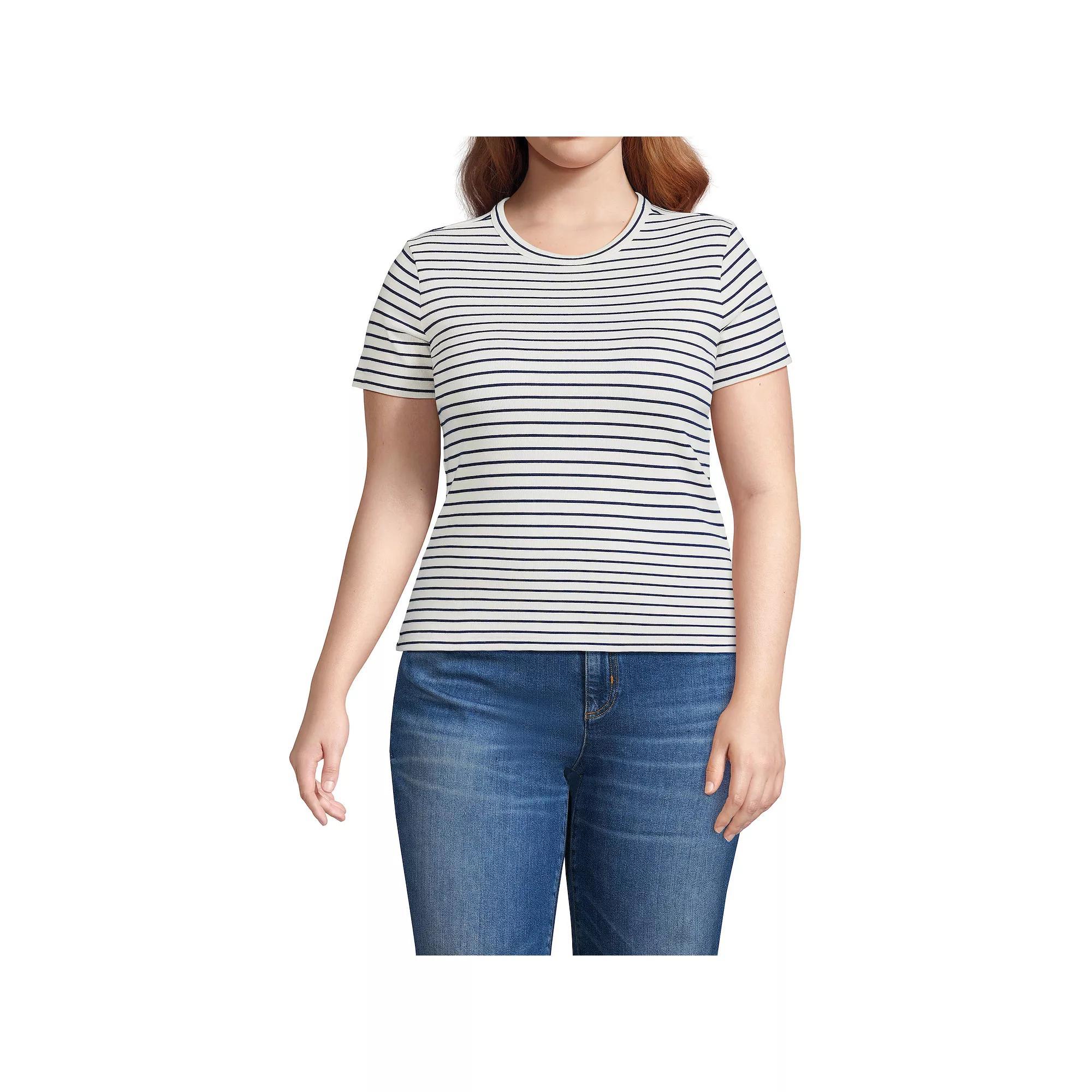 Plus Size Lands' End Drapey Rib Fitted Short Sleeve T-Shirt, Women's, Size: 1XL, Ivory Navy Stripe Product Image