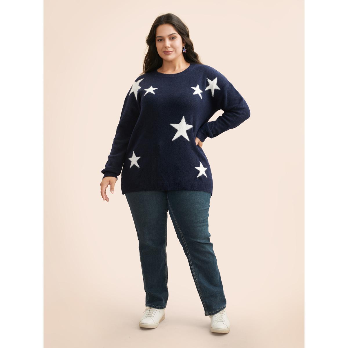 Plus Size Star Jacquard Crew Neck Pullover Indigo Women Casual Loose Long Sleeve Round Neck Everyday Pullovers BloomChic 26/4X Product Image