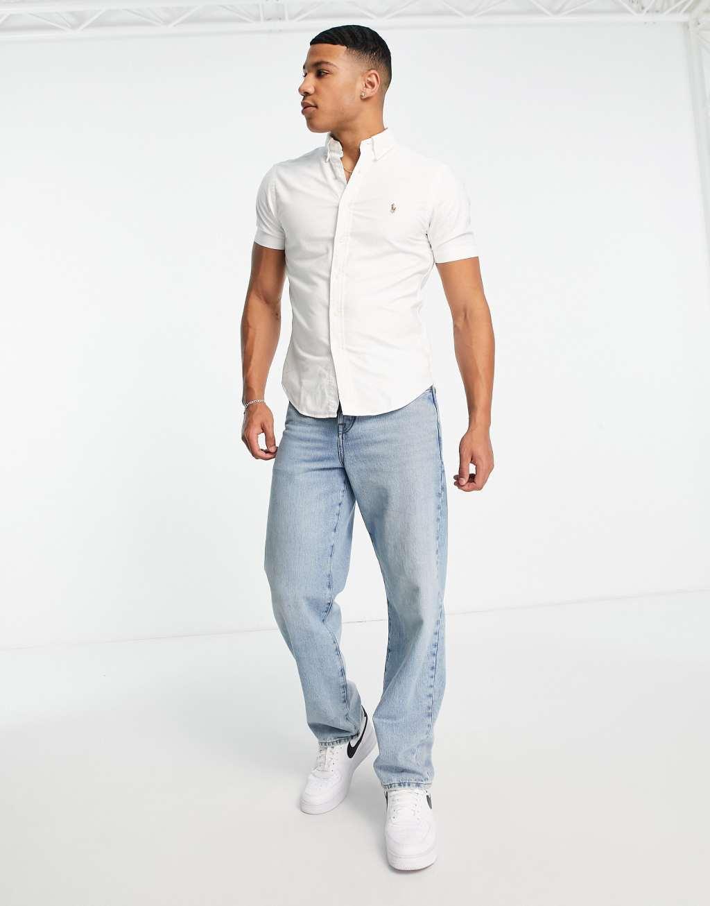 Polo Ralph Lauren icon logo slim fit short sleeve oxford shirt in white Product Image