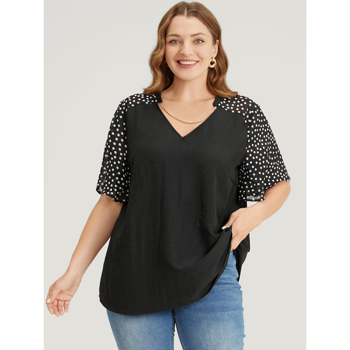 Plus Size Black Polka Dot Patchwork Flutter Sleeve Chain Detail Blouse Women Elegant Short sleeve V-neck Dailywear Blouses BloomChic 12/L Product Image