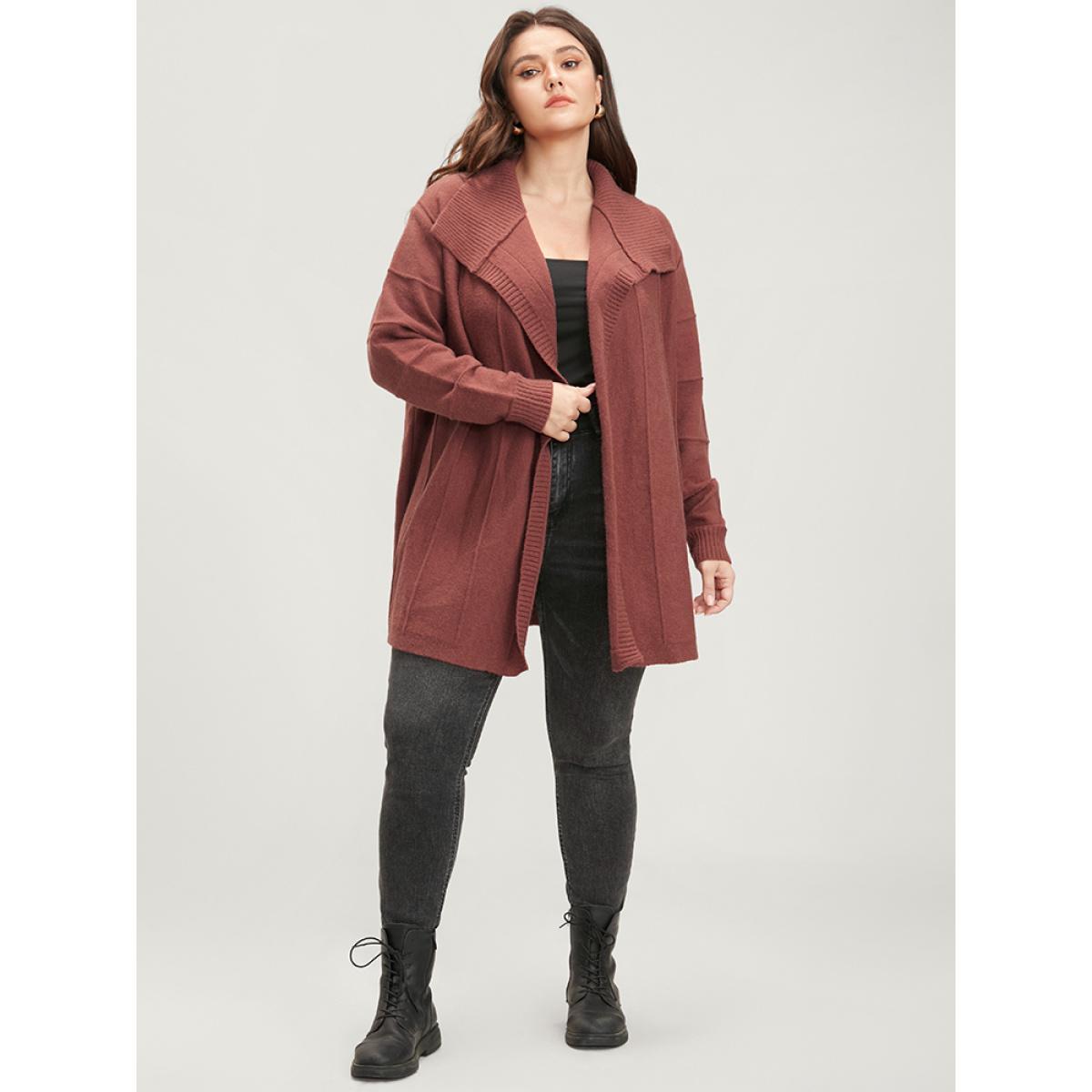 Plus Size Solid Soft Sexy Yarn Knit Lapel Collar Open Front Cardigan Maroon Women Casual Loose Long Sleeve Dailywear Cardigans BloomChic 12/L Product Image