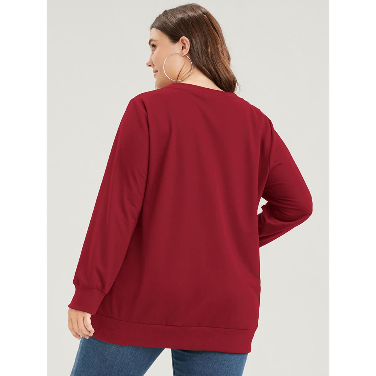Plus Size Star Print Round Neck Drop Shoulder Sweatshirt Women Burgundy Casual Printed Round Neck Dailywear Sweatshirts BloomChic 10/M Product Image
