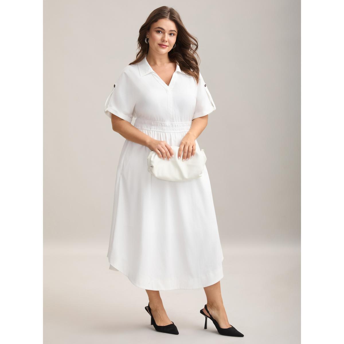 Plus Size Woven Shirred Waist Solid Collar Midi Dress Originalwhite Women Shirt collar Short sleeve Curvy BloomChic 10/M Product Image
