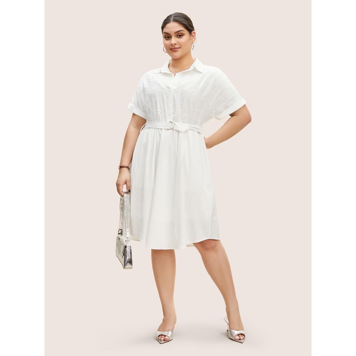 Plus Size Broderie Anglaise Shirt Collar Belted Dress Originalwhite Women Work From Home Belted Shirt collar Short sleeve Curvy BloomChic 14-16/1X Product Image